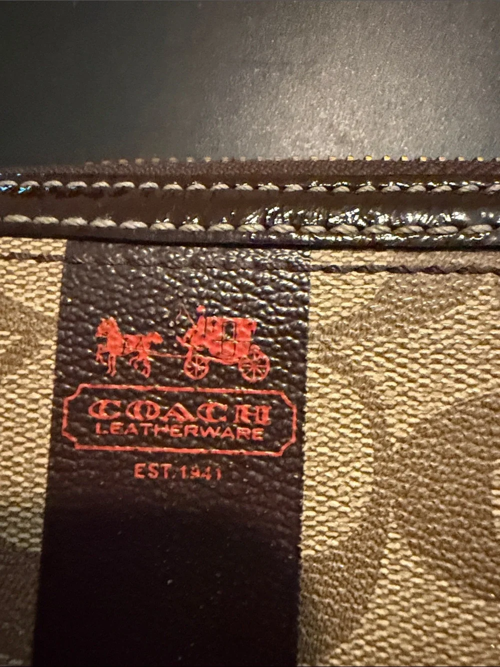 Coach Heritage Brown Signature Stripe Zip Wallet with Ring Detail